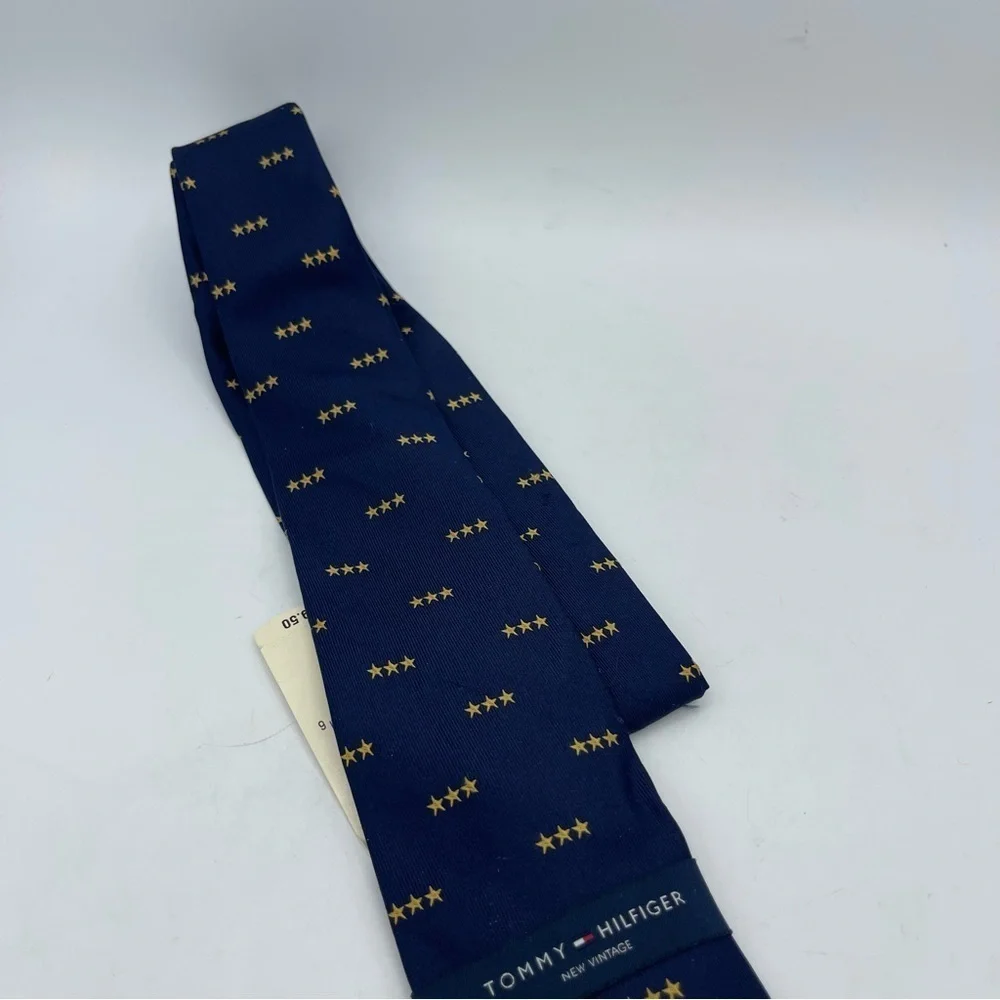 Tommy Hilfiger NWT Navy Blue Silk Men’s Tie Made In USA Gold Stars New Vintage